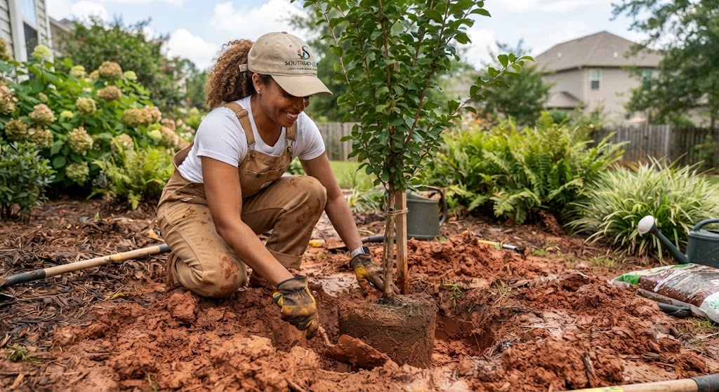 A Southern Clay gardener planting a tree in rich Georgia clay soil