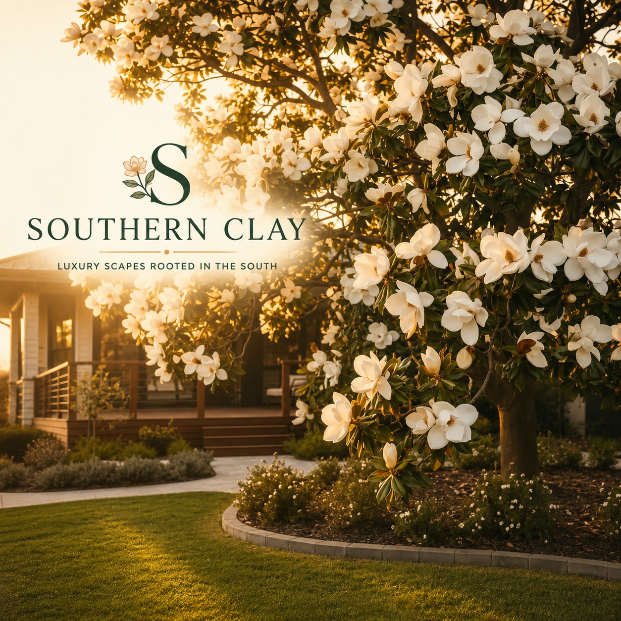 A Southern magnolia in full bloom beside a porch at golden hour, with the Southern Clay Co. mark