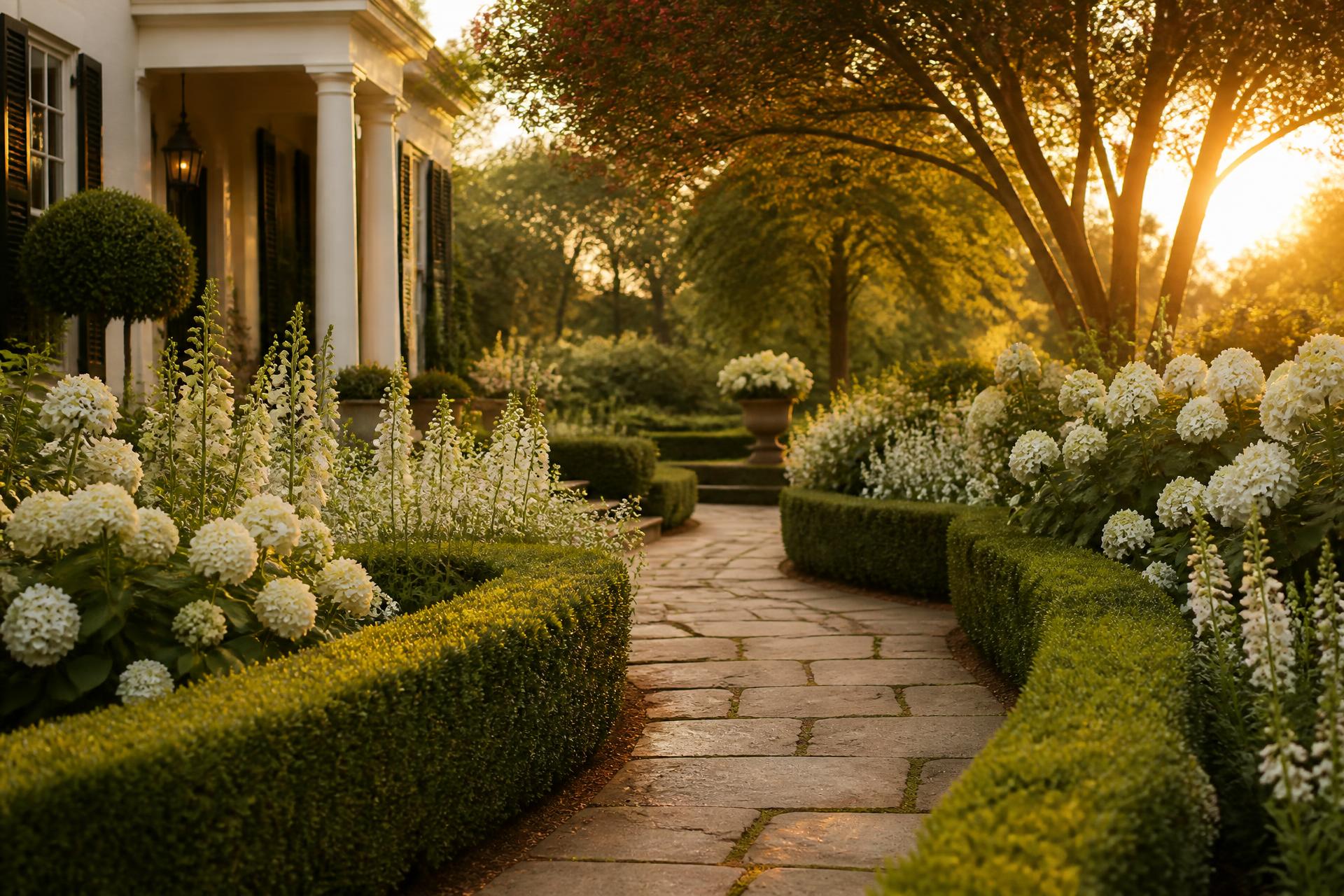 A white Southern home with a flagstone path lined in boxwood and white hydrangeas at golden hour