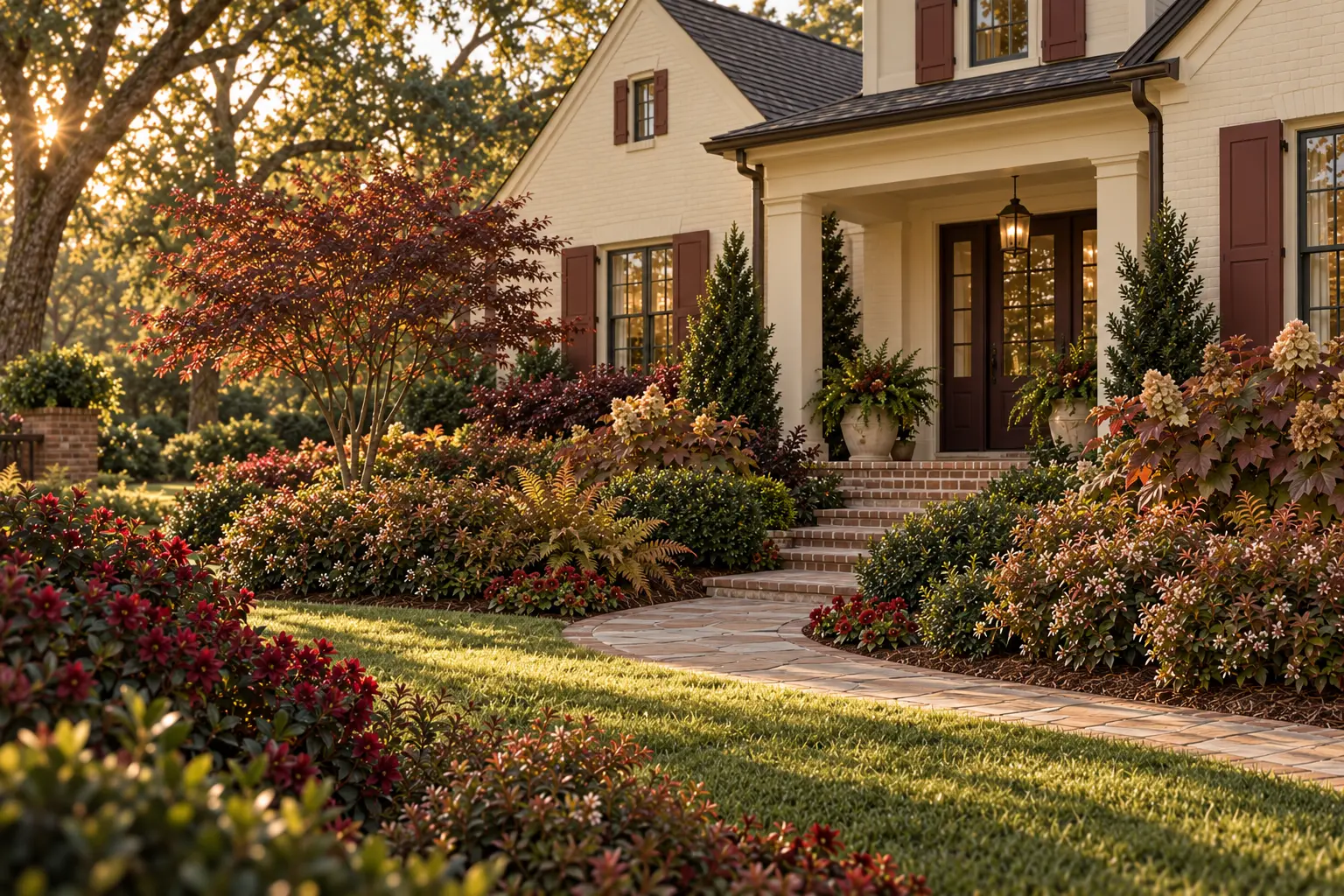 Shoji-cream Southern home with maroon shutters and oxblood door surrounded by red azalea, burgundy loropetalum, russet oakleaf hydrangea, abelia, autumn fern, yaupon holly, and brick-red pansies.