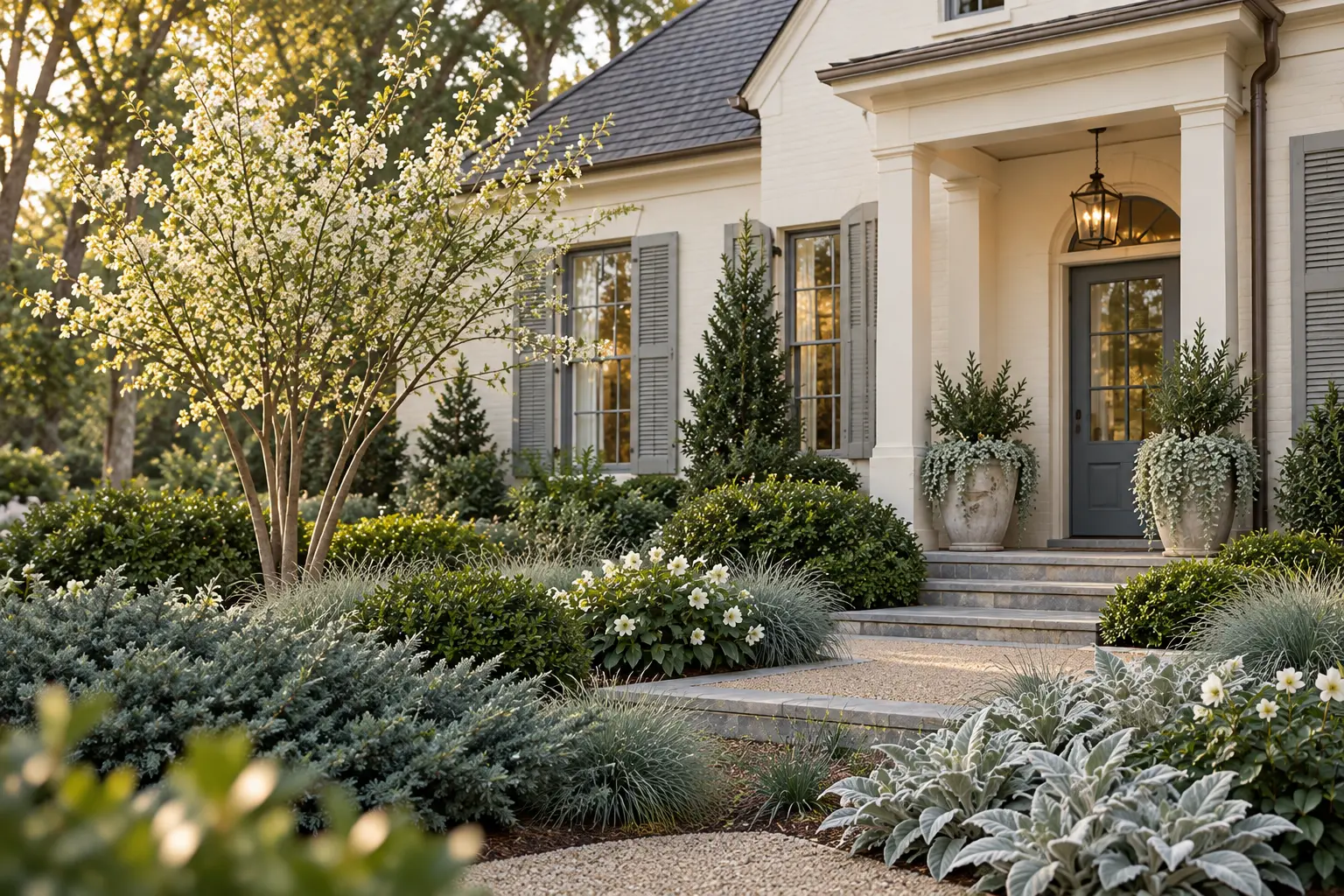 Greek Villa cream home with silver-gray shutters and slate door framed by white serviceberry bloom, silver-blue juniper, lamb’s ear, silver container foliage, hellebores, sedge, and dwarf yaupon holly.