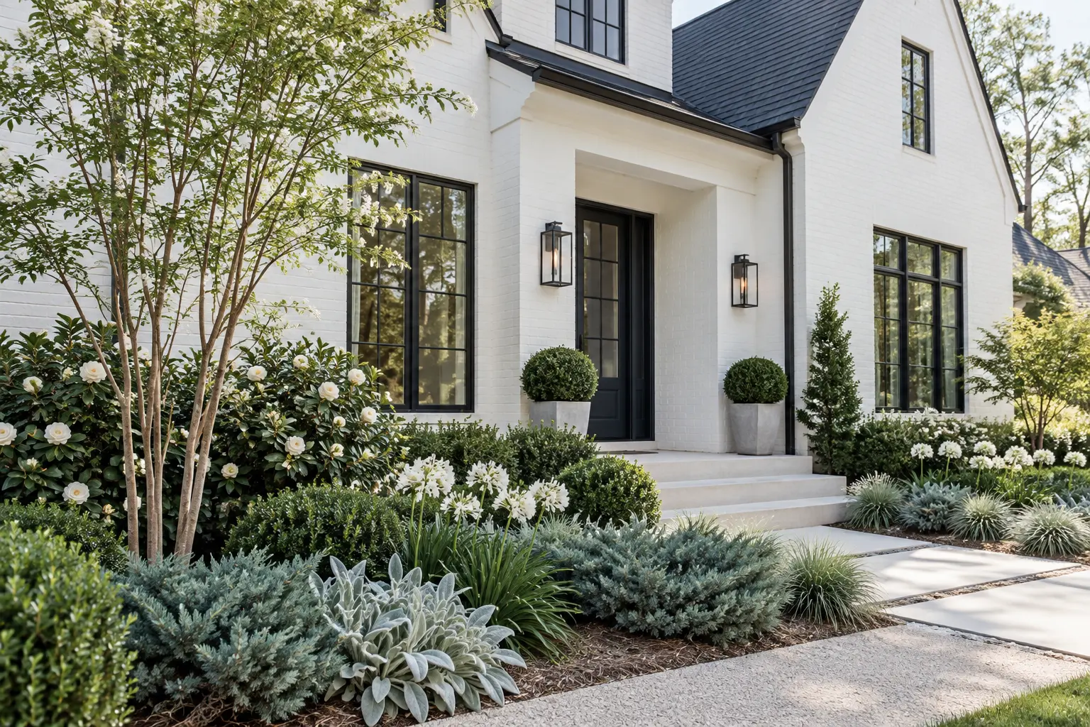 Crisp Chantilly Lace home with ink-black windows and a white-and-silver contemporary garden