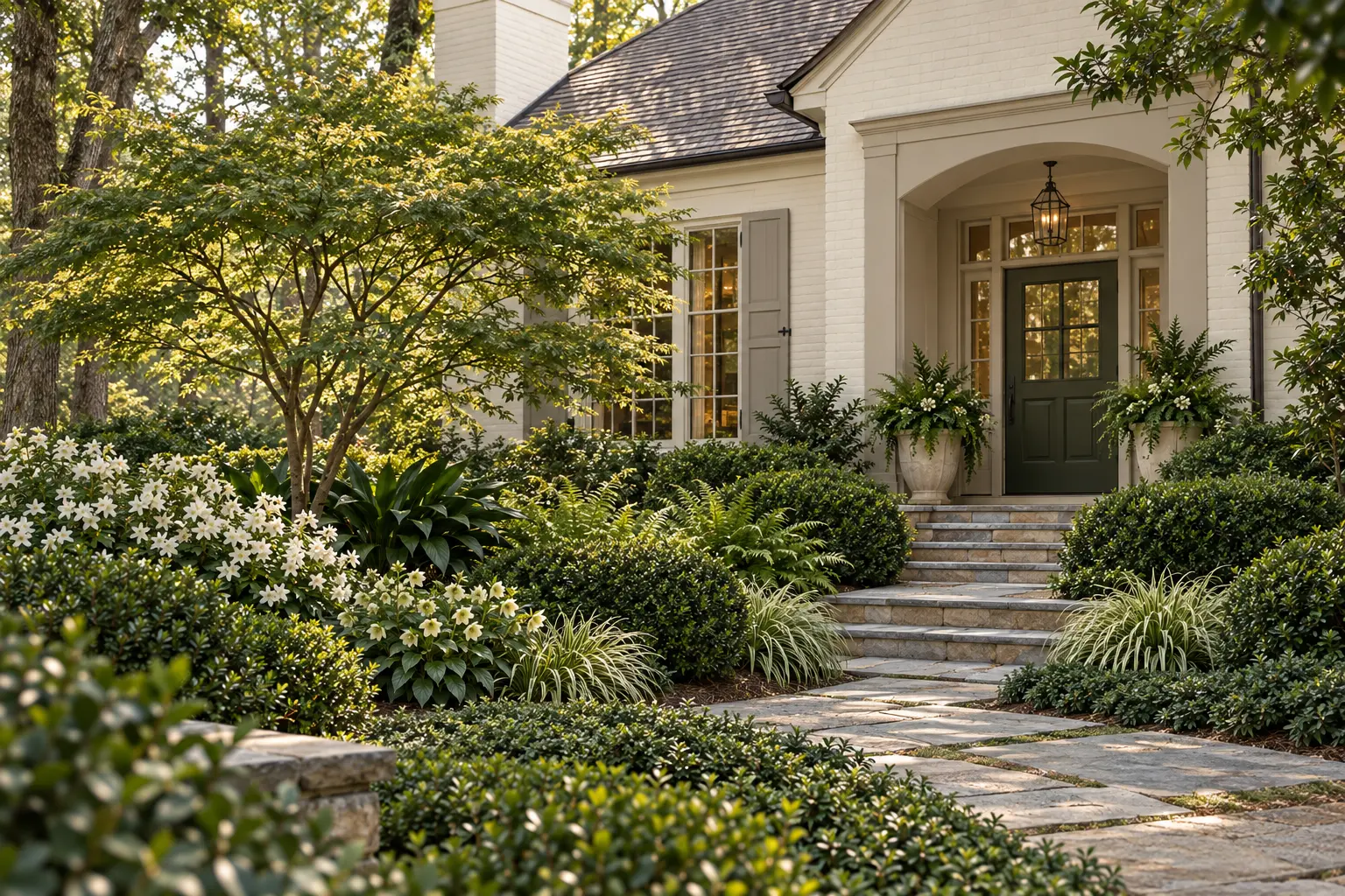 Putty-neutral Southern cottage with gray shutters and pine-green door surrounded by green Japanese maple, white azalea, inkberry holly, autumn fern, cast iron plant, ivory hellebore, and variegated sedge.