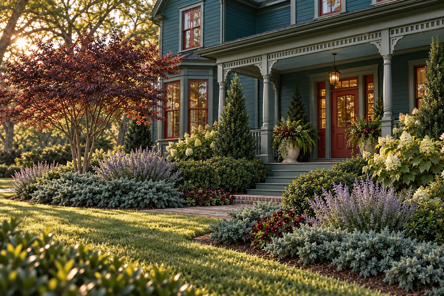 Deep teal Victorian-inspired cottage with traditional-red and blue-green trim beside layered planting