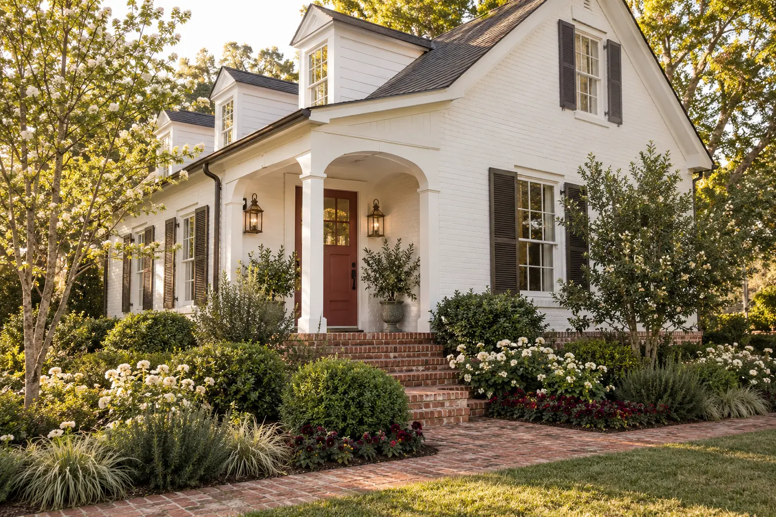 Simply White traditional cottage with heritage-red door, bronze shutters, brick steps, and white garden
