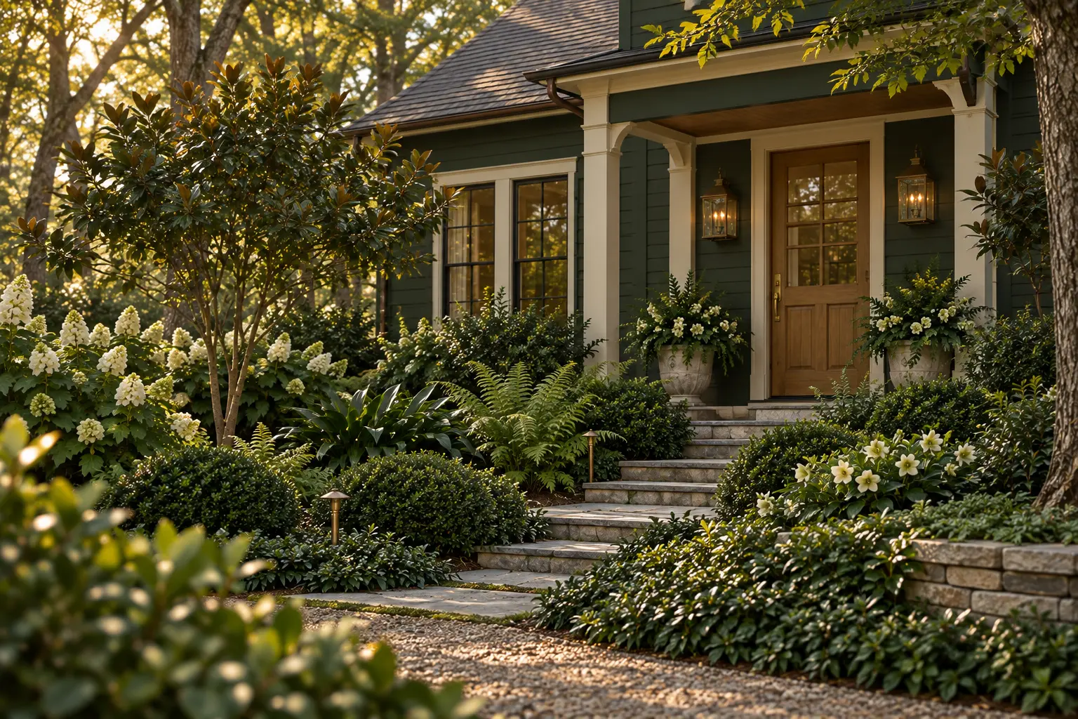 Deep forest-green home with tan wood, brass accents, and a lush shade-tolerant garden