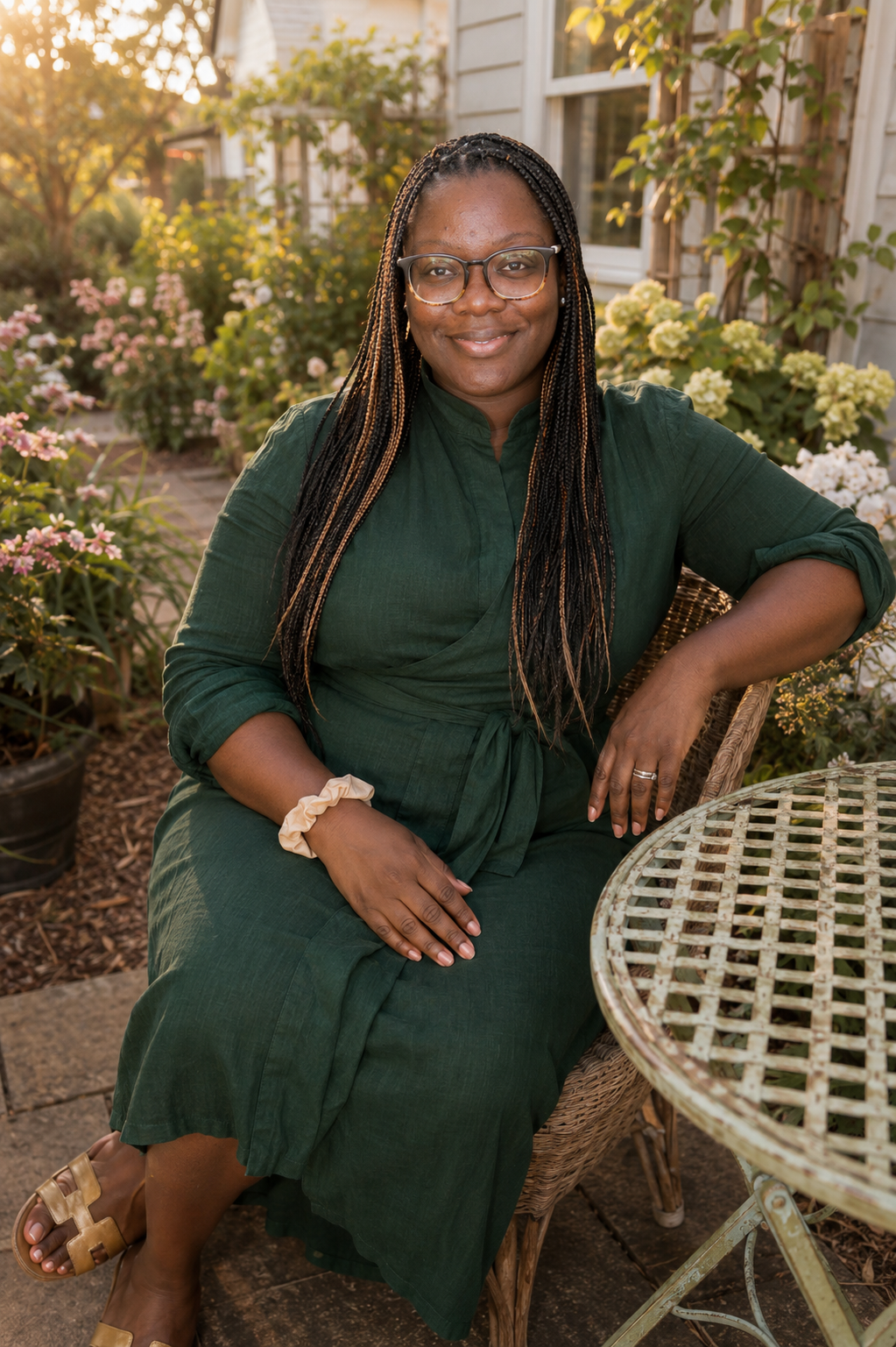 Aliyah Baker-Pough, Founder and Lead Designer of Southern Clay Co., seated in a lush garden