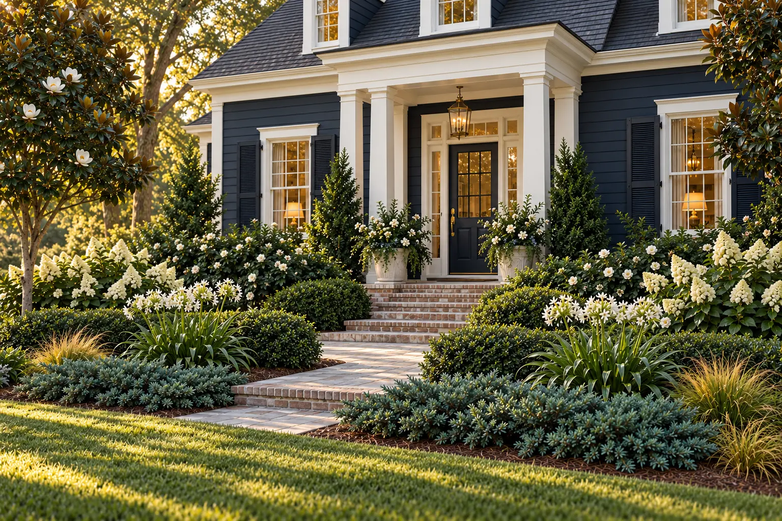 Navy Southern home with crisp white trim, warm gold details, and tailored white-and-blue planting