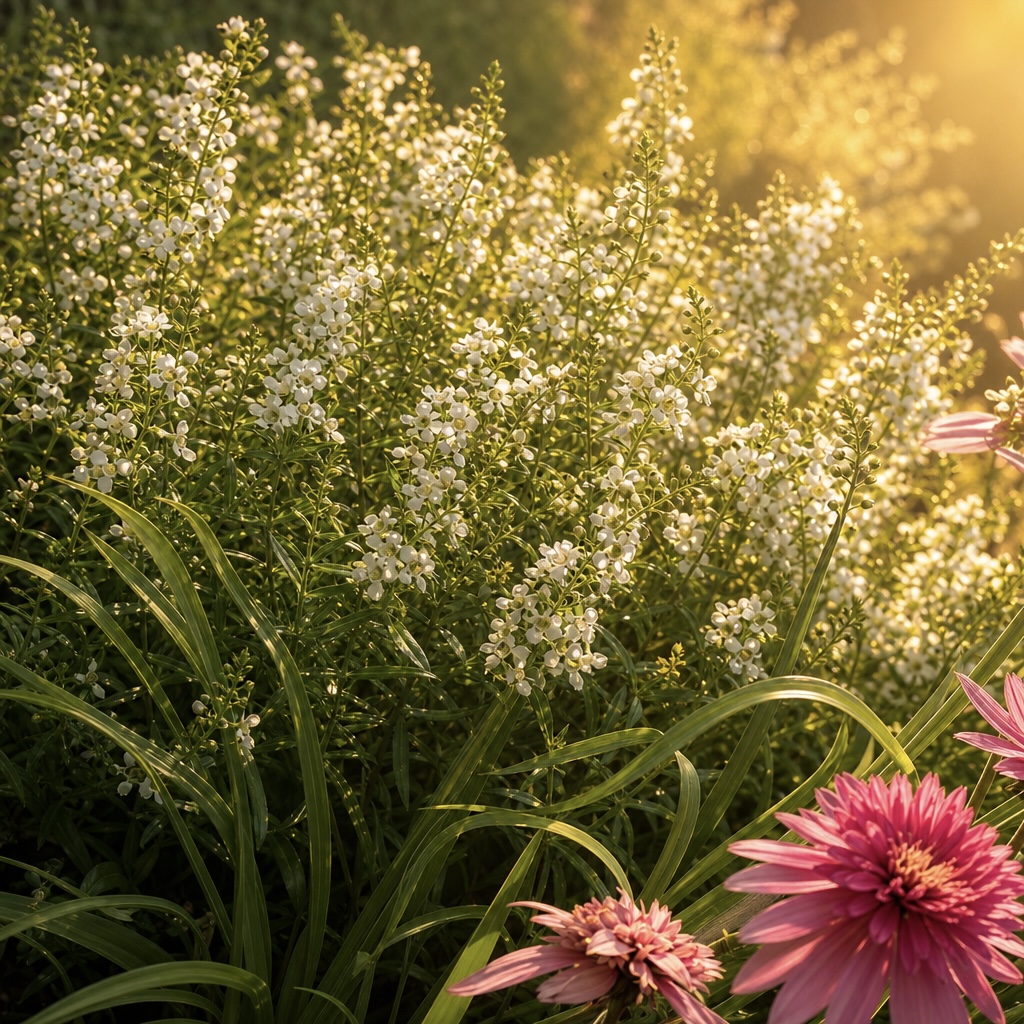 White Angelonia blooming in a layered garden bed with pink coneflowers