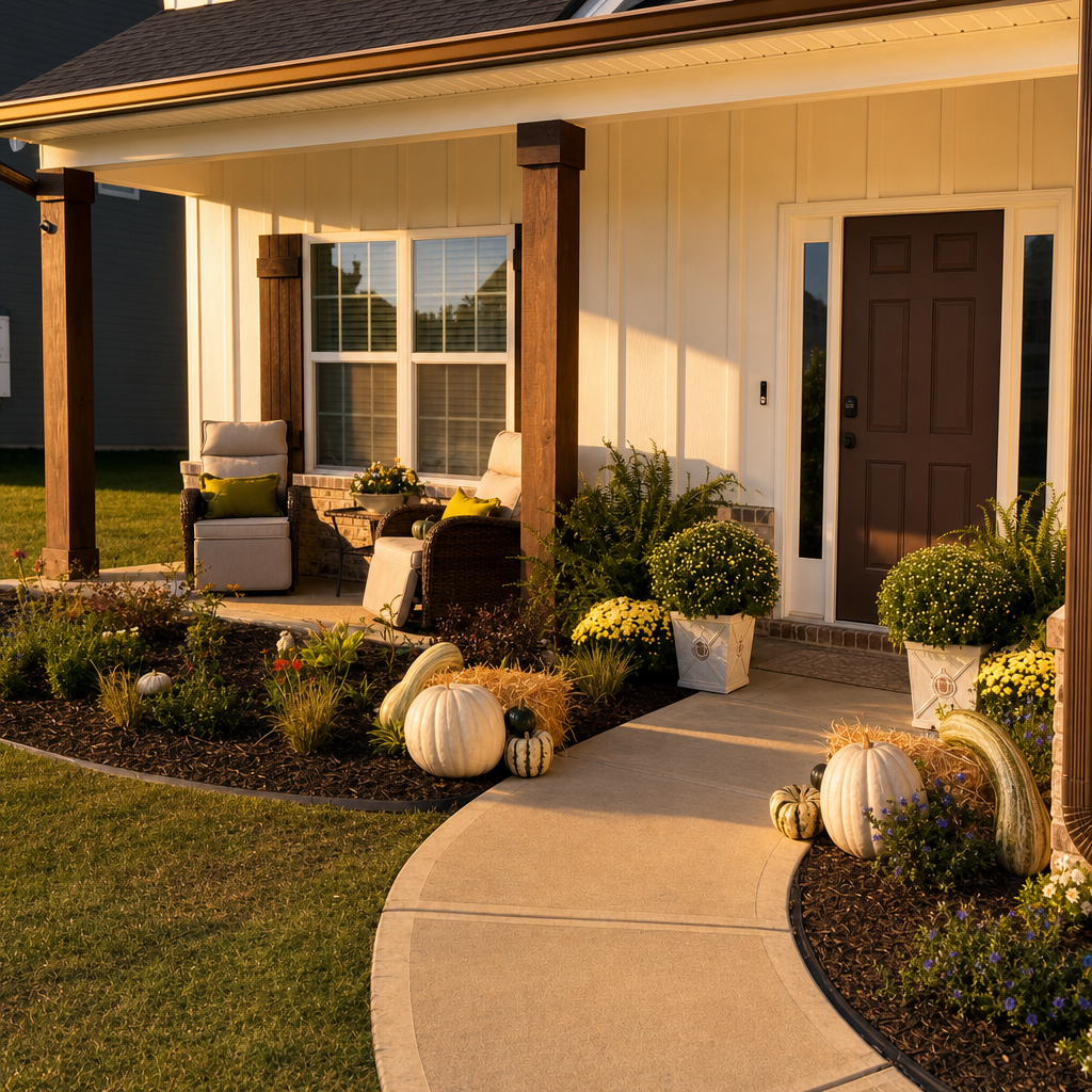 Autumn Container Collection — A Ferns-and-Mums with pumpkins, squash, and gourds that carries the entrance from September through the holidays.
