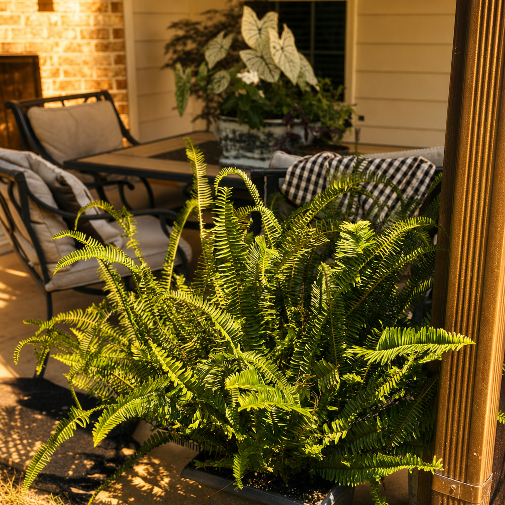 A lush fern beside the dining area on the Grovetown porch