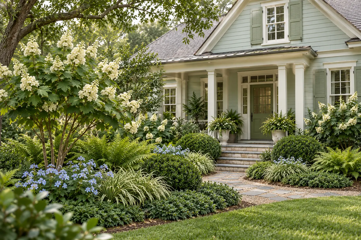 Pale blue-green Southern cottage with creamy trim and moss-green door surrounded by oakleaf hydrangea, fern, yaupon holly, blue woodland phlox, and variegated edging plants.