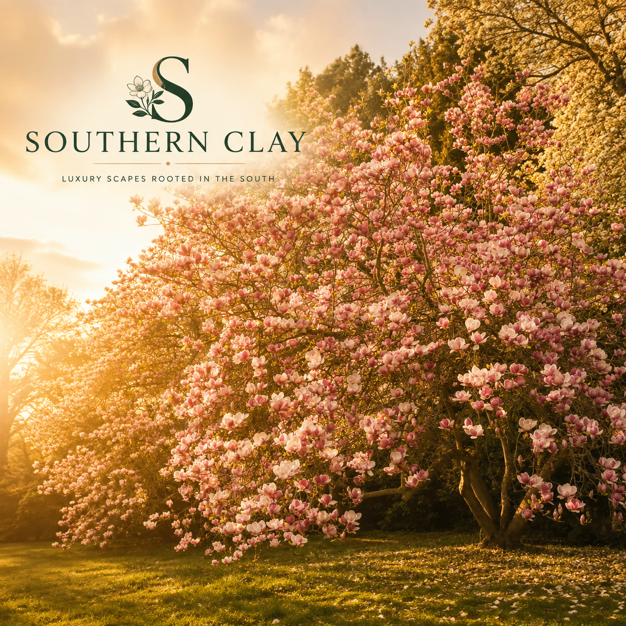 A pink saucer magnolia in full spring bloom in front of a Southern home