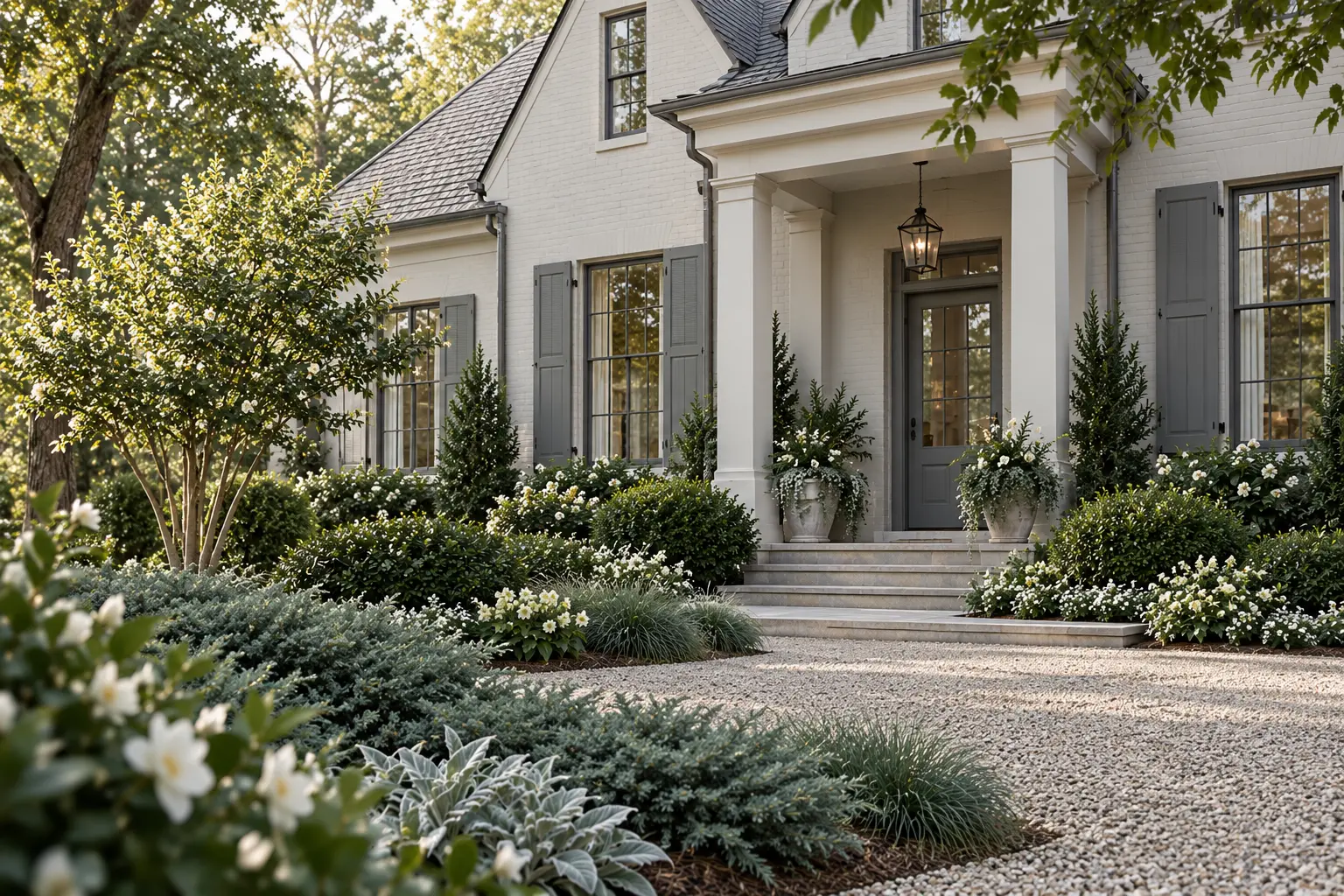 Modern-gray Southern home with pewter shutters and dovetail door surrounded by white camellia, blue juniper, inkberry holly, lamb’s ear, ivory hellebore, and blue-green sedge.