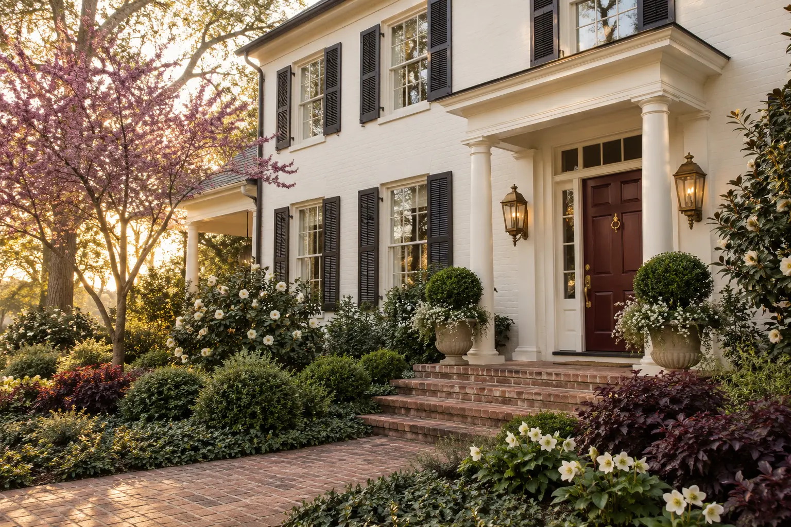 Soft White Dove Colonial home with burgundy door, dark shutters, brick steps, and layered garden