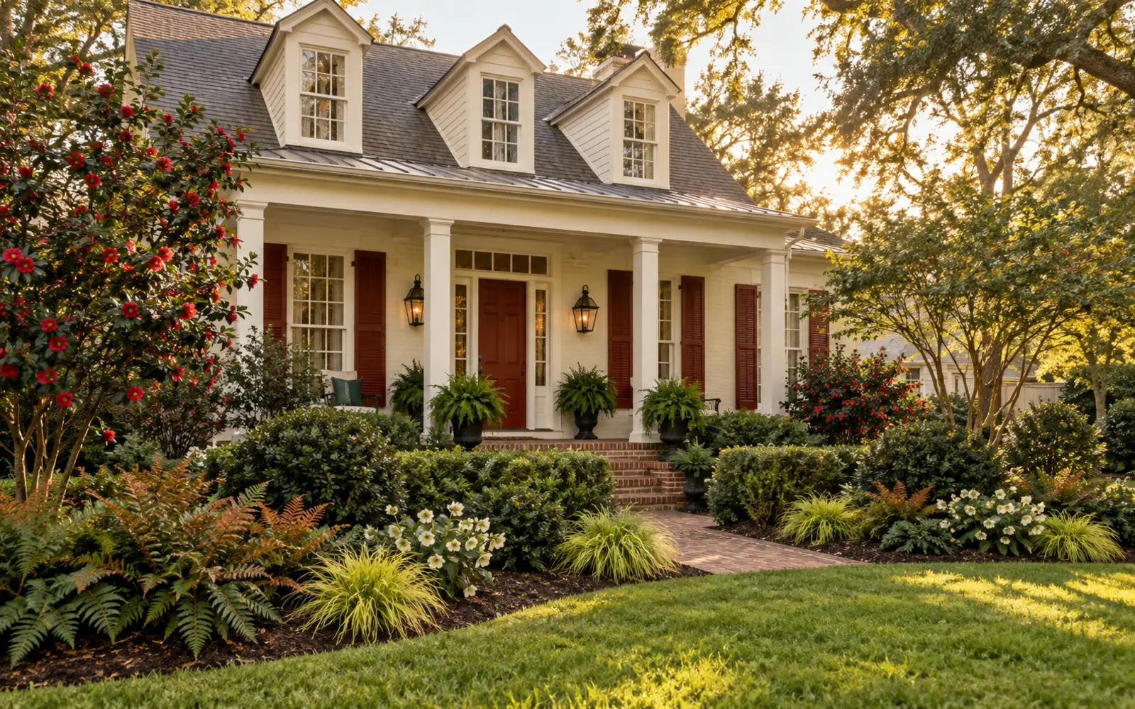 Cream Southern cottage with fired-brick red door and shutters surrounded by red camellia, evergreen holly, autumn fern, ivory hellebores and chartreuse sedge.