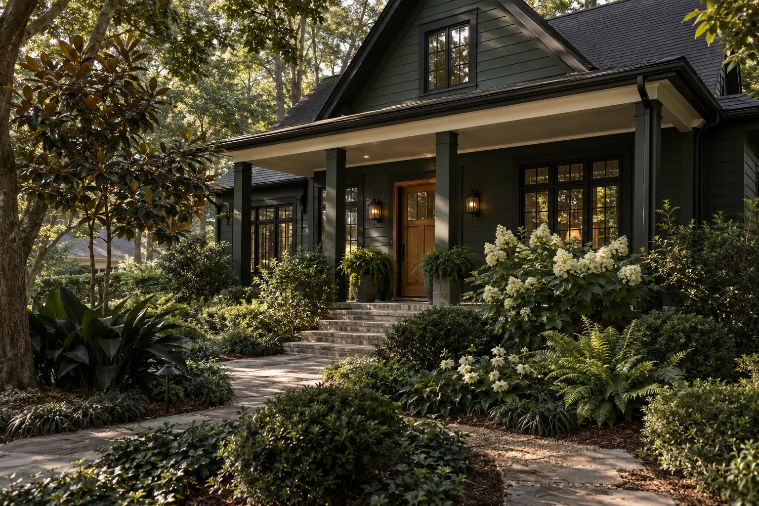 Forest-green cottage with black trim, a cedar door, and lush white-flowering shade planting