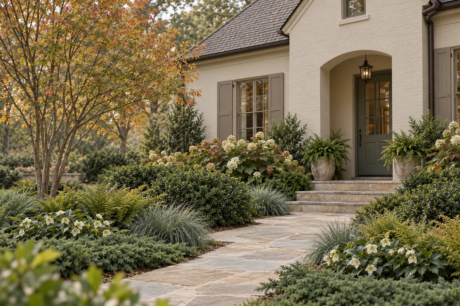 Pale greige Southern home with taupe shutters and sage door surrounded by serviceberry, white oakleaf hydrangea, yaupon holly, autumn fern, blue-green sedge, ivory hellebore, and evergreen groundcover.
