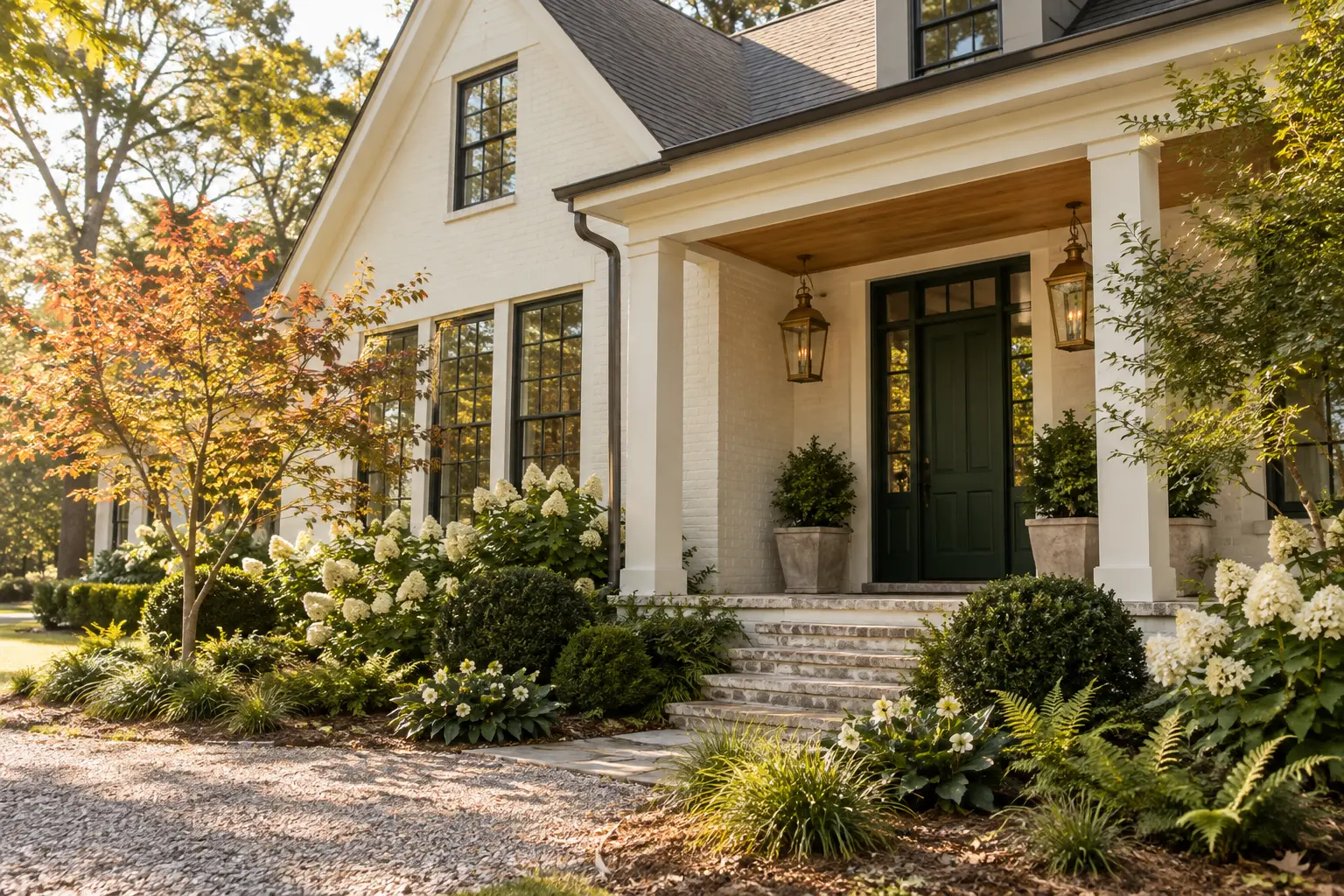 Warm alabaster Southern cottage with evergreen door, charcoal accents, and white-flowering garden