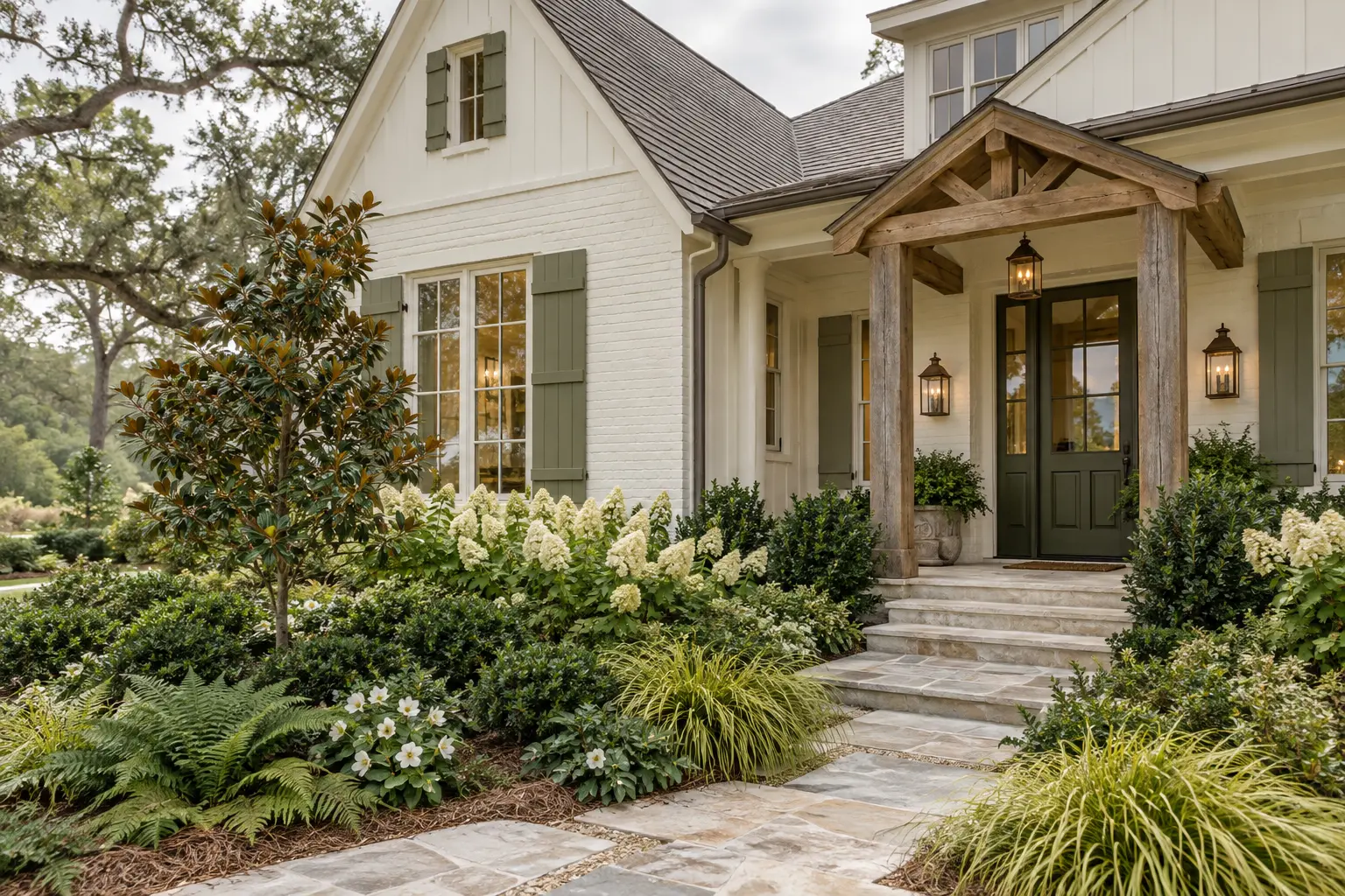 Warm Greek Villa farmhouse with olive shutters, cedar beams, stone steps, and layered evergreen planting