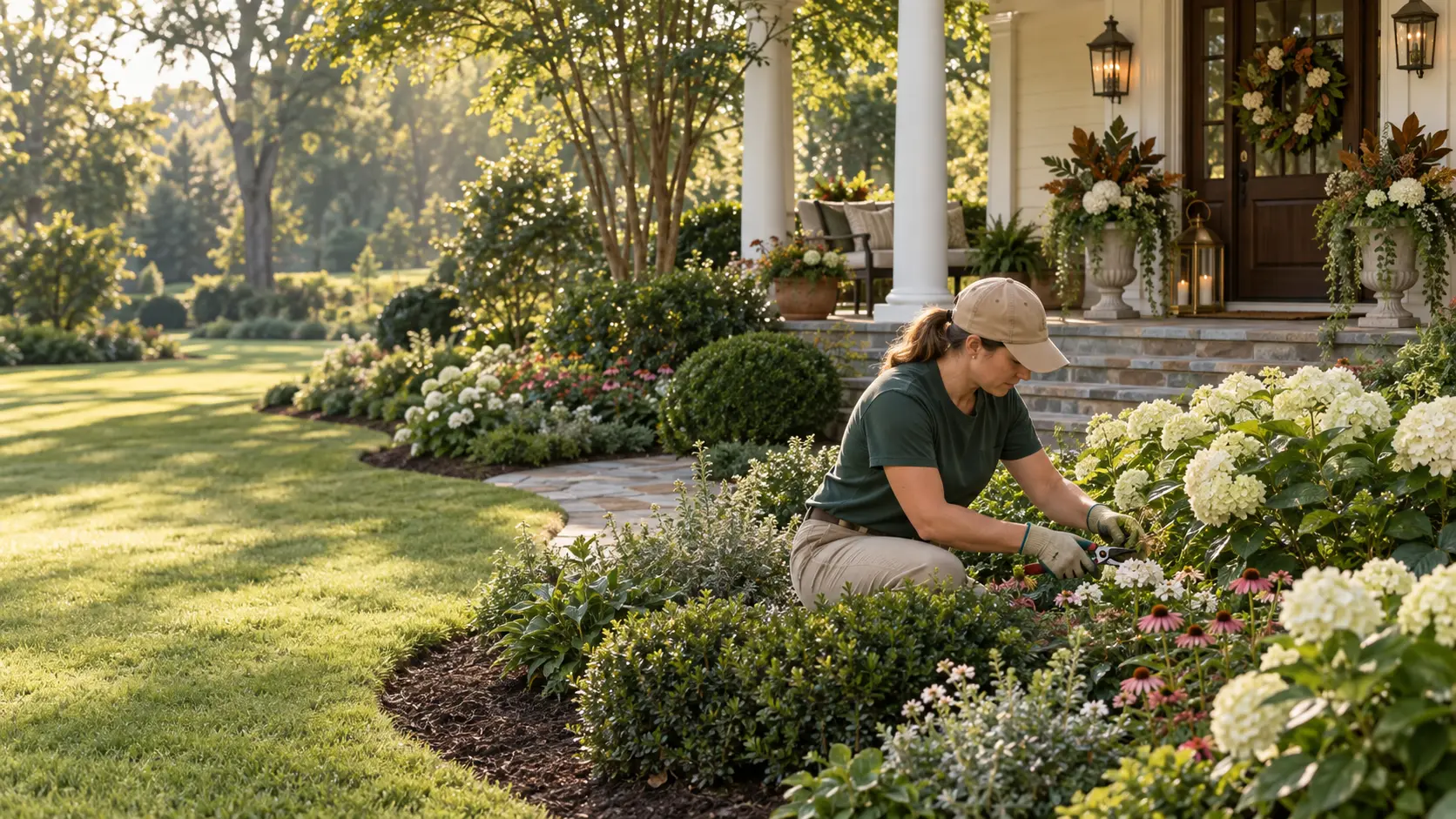 A gardener tending a lush flower bed along a grand Southern porch at golden hour