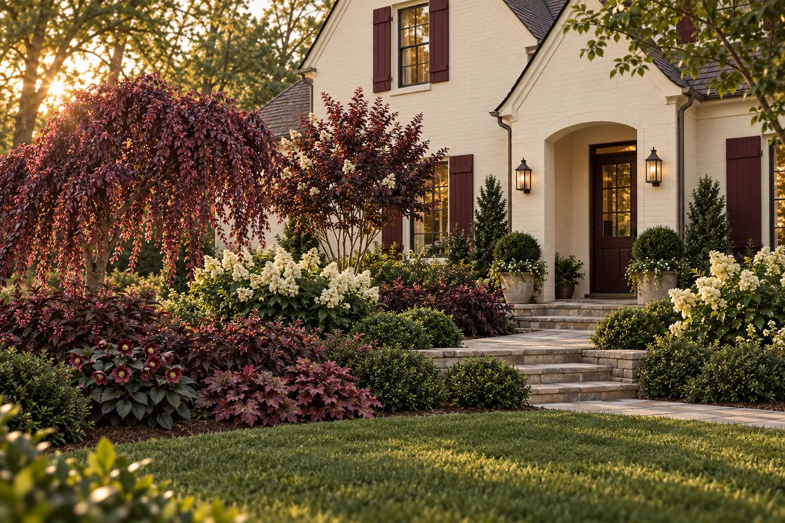 White Duck cream home with wine-burgundy shutters and door surrounded by Ruby Falls redbud, dark crape myrtle and weigela foliage, cream hydrangea, burgundy hellebore, coral bells, and yaupon holly.