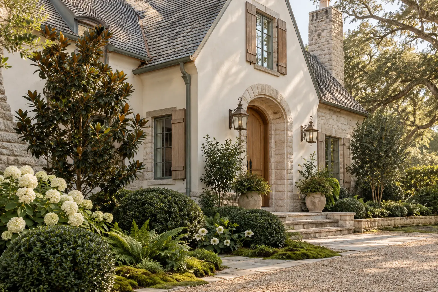 Warm Wimborne White cottage with weathered stone, oak shutters, and an old-world woodland garden