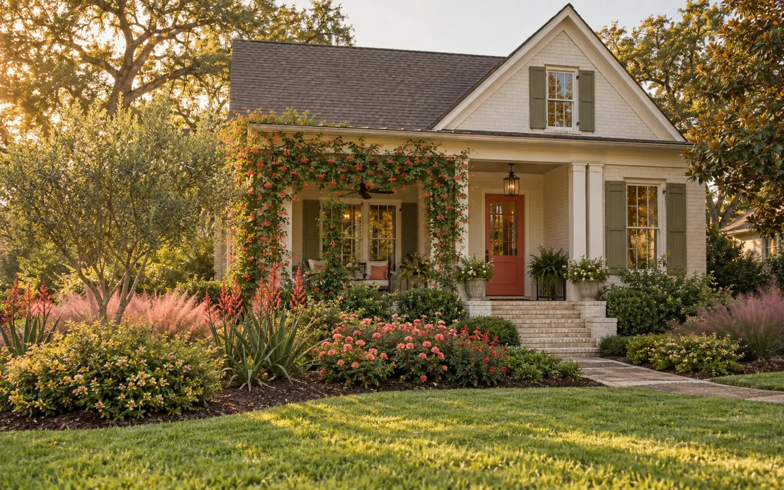 Warm-neutral Southern cottage with coral-red door and olive shutters surrounded by coral honeysuckle, red yucca, coral roses, salvia, abelia and pink muhly grass.