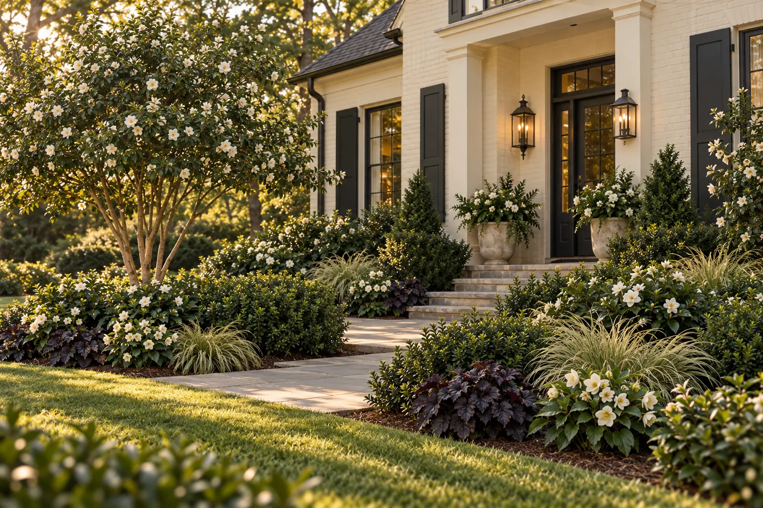 Cream-painted Southern home with charcoal shutters and door framed by white camellias, gardenias, dark coral bells, inkberry holly, pale grass, and ivory hellebores.