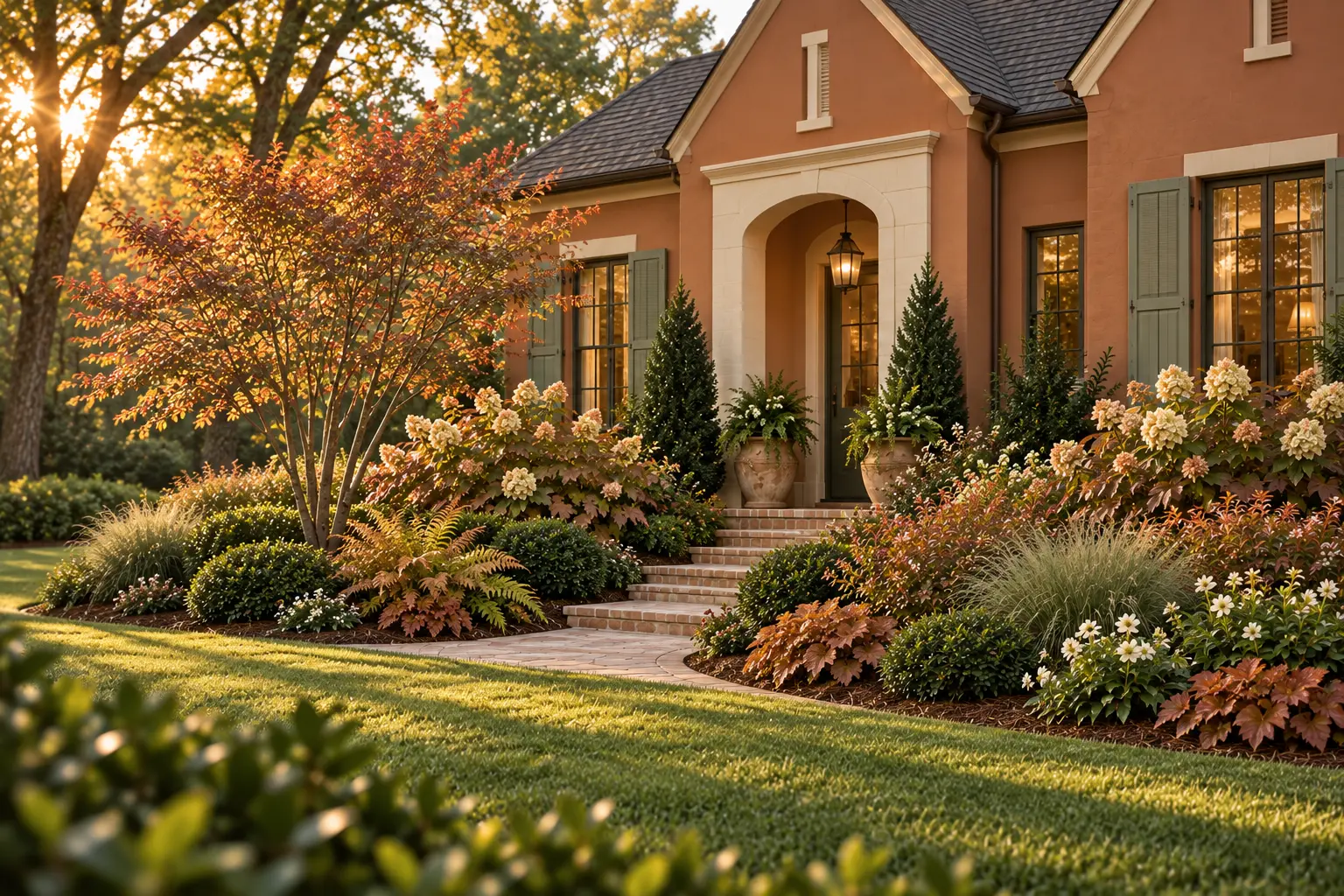 Terracotta home with sage and cream accents surrounded by a welcoming warm-toned garden