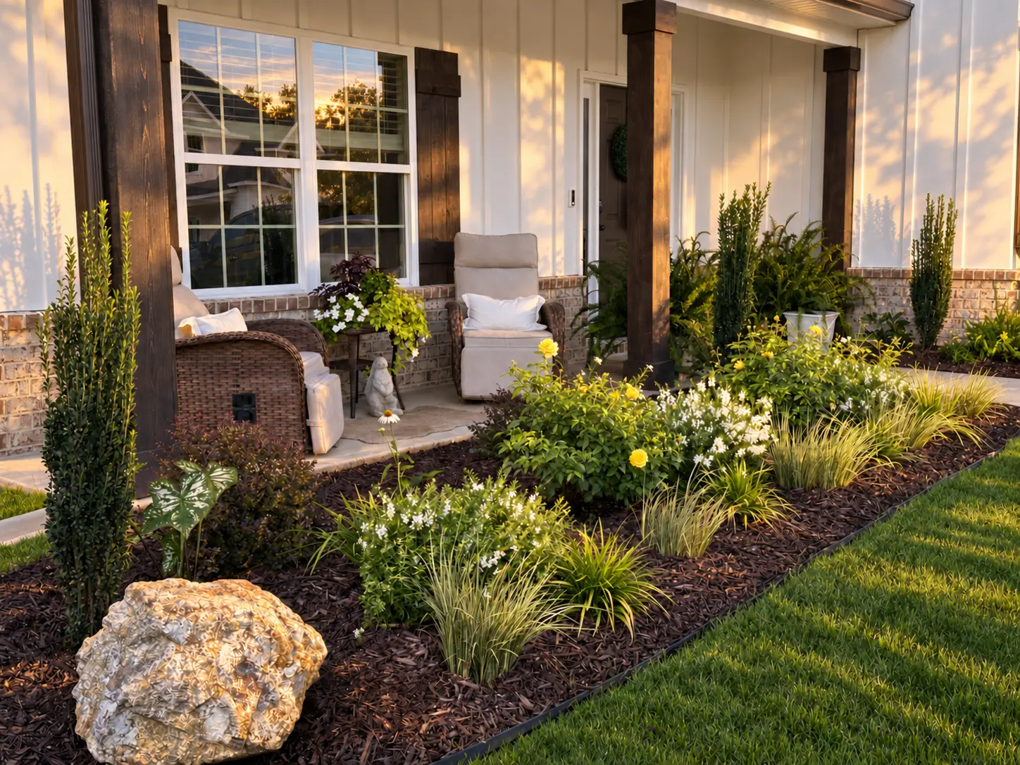 A Southern garden bed with yellow roses, white flowers, ornamental grasses, and evergreen structure beside a welcoming porch