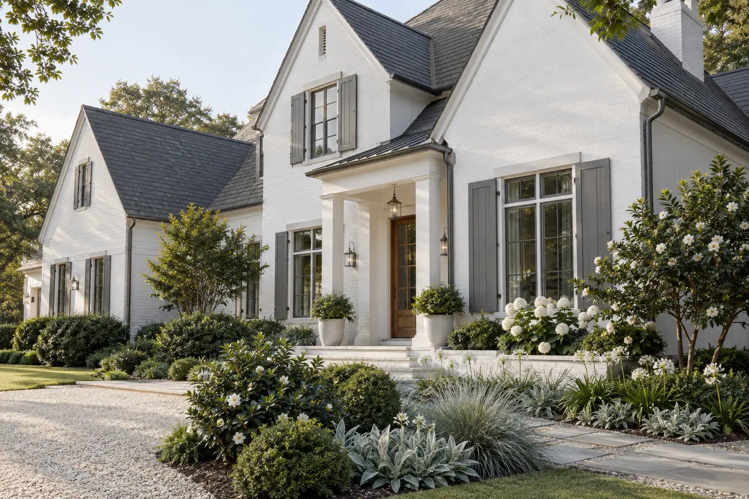Crisp Oxford White home with pewter shutters, cedar door, and silver-blue planting