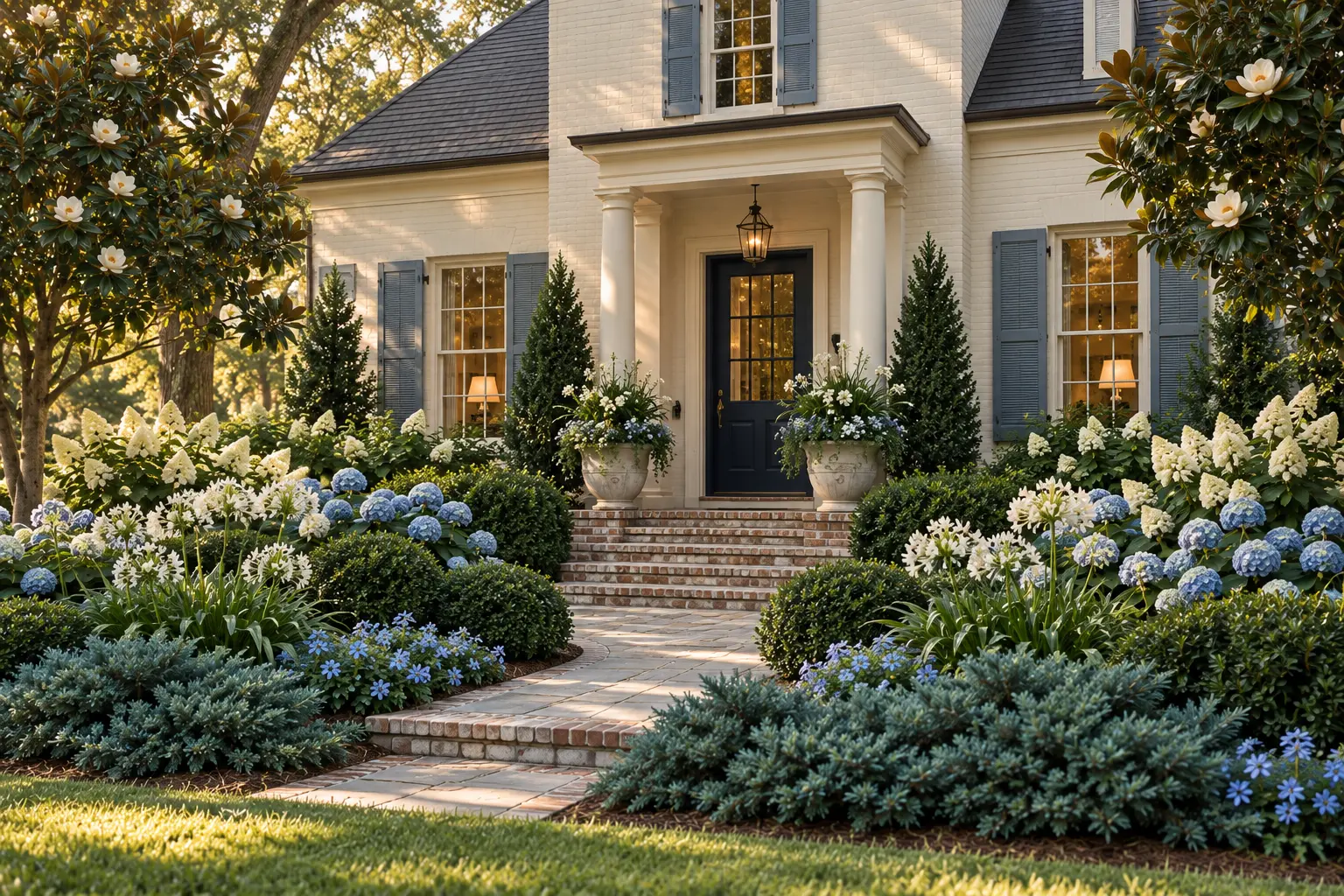 Alabaster Southern home with smoky blue shutters and navy door surrounded by magnolia, white oakleaf hydrangea, natural blue hydrangea, blue-green juniper, woodland phlox, white agapanthus, and yaupon holly.