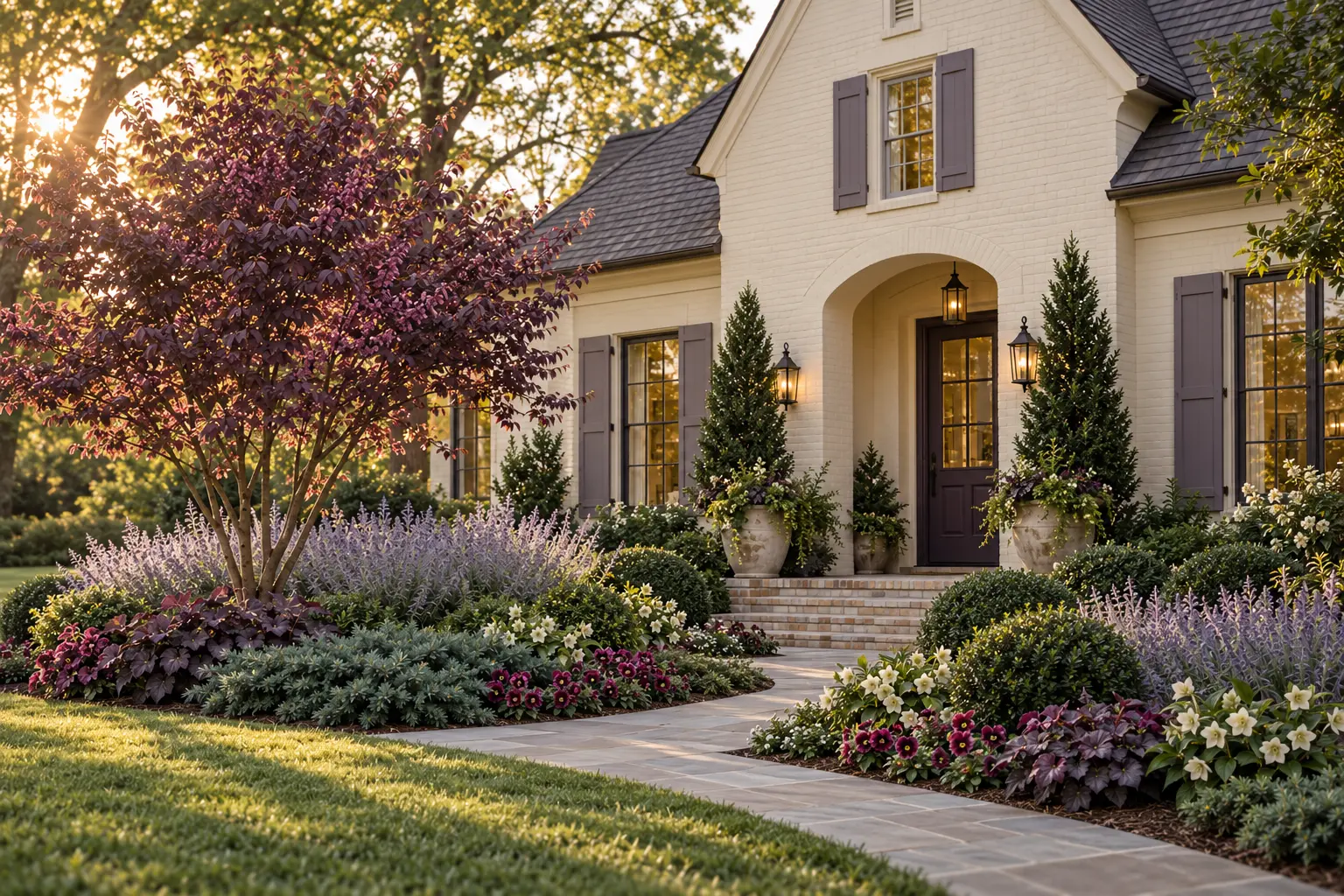 Cream Southern home with violet-gray shutters and aubergine door surrounded by burgundy redbud, Russian sage, plum coral bells, purple pansies, blue-green juniper, ivory hellebores, and yaupon holly.