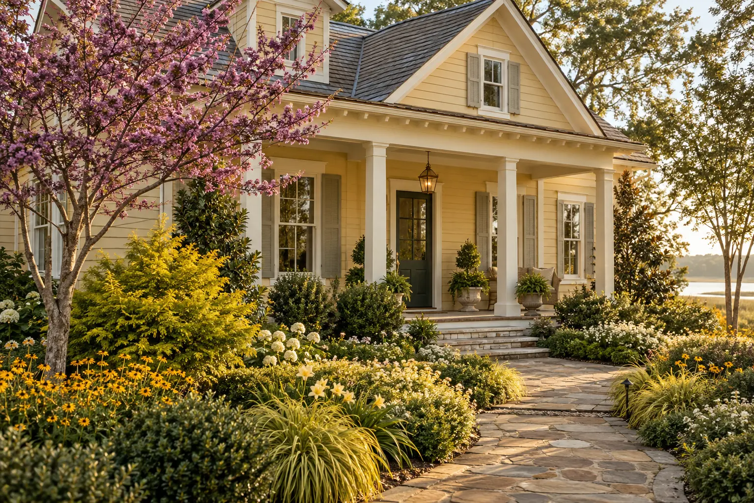Muted golden-yellow farmhouse with cream trim, a deep green door, and a glowing pollinator garden