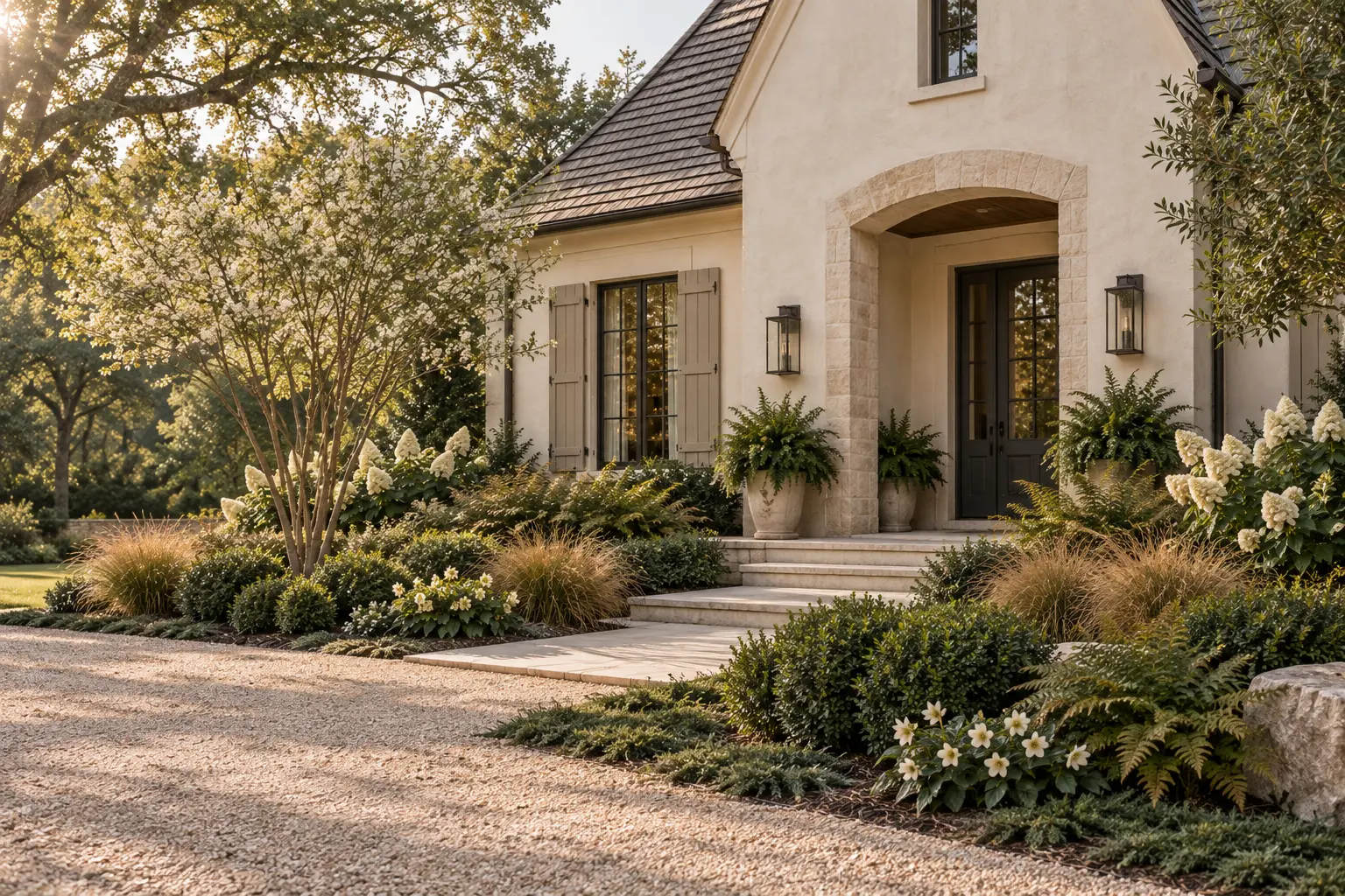 Oat and sand Southern cottage with charcoal accents and a restrained textural garden