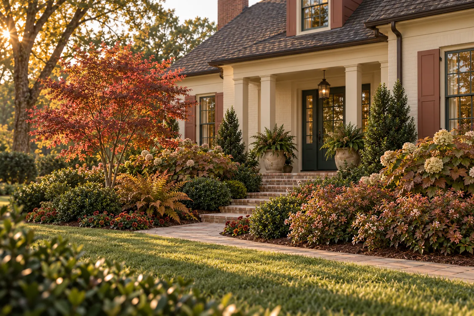 Linen-toned Southern home with red-clay shutters and basil-green door surrounded by Japanese maple, abelia, oakleaf hydrangea, autumn fern, yaupon holly, and rust-colored pansies.