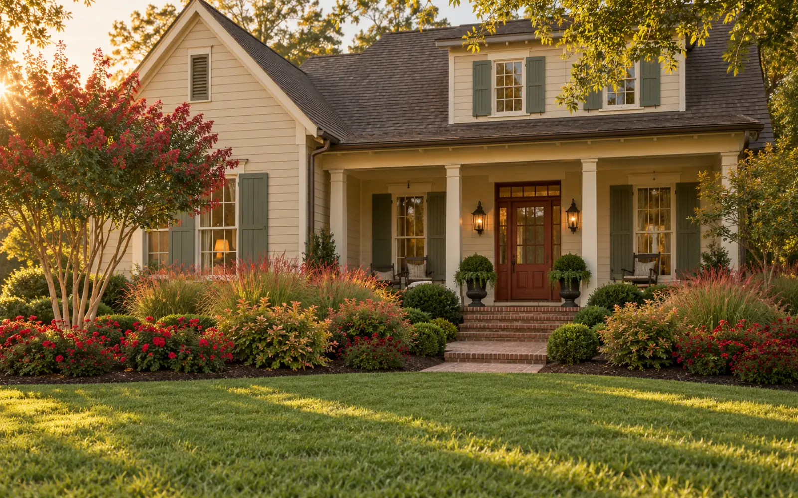 Wheat-colored Southern farmhouse with a deep brick-red door, green shutters and a sunny garden of red roses, crape myrtle, abelia and red-tipped switchgrass.