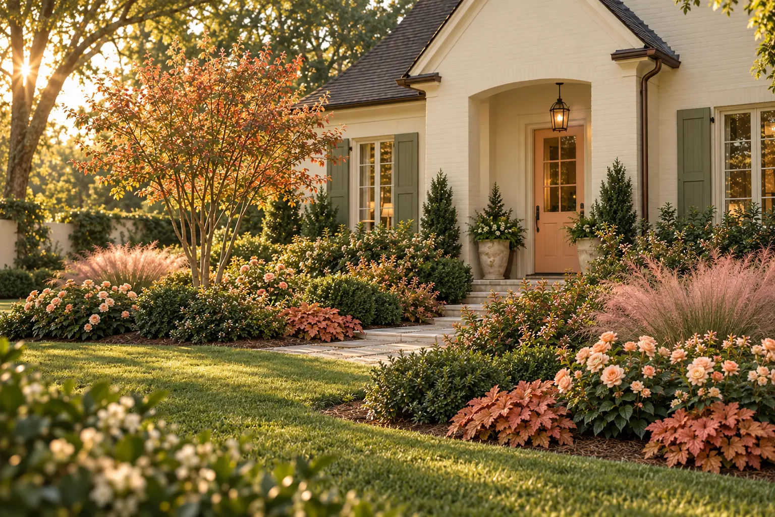 Warm ivory Southern home with peach door and olive shutters surrounded by serviceberry, peach roses, caramel coral bells, pink muhly grass, abelia, and dwarf yaupon holly.