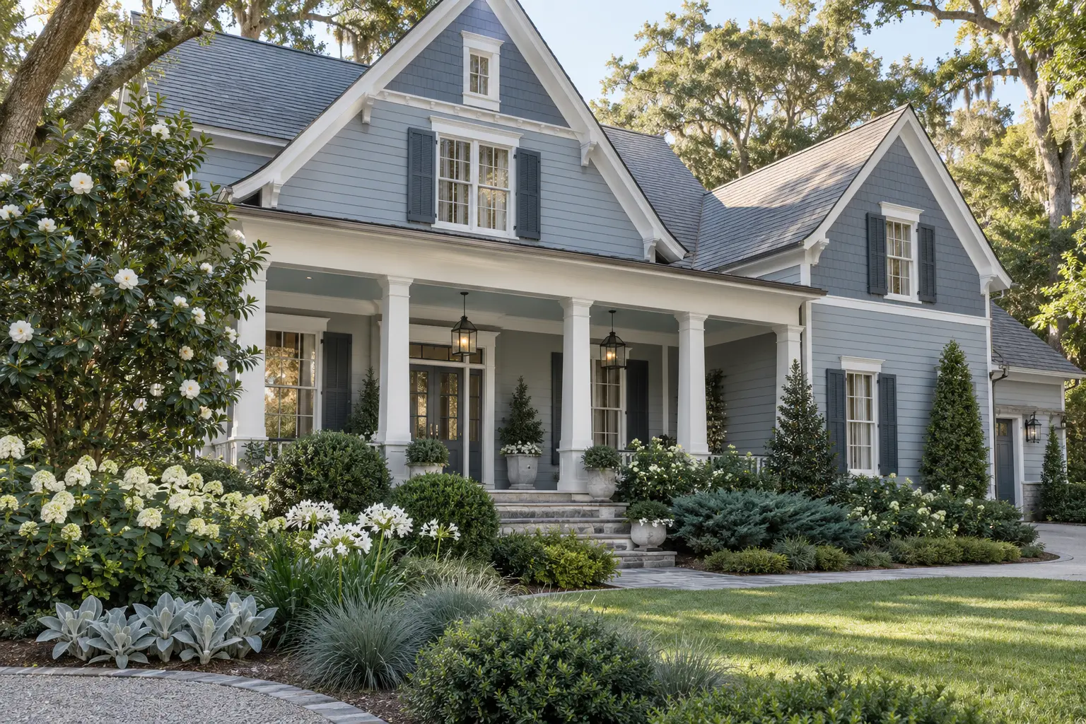 Southern home in layered smoky and slate blue-gray with crisp white trim and silver-blue planting