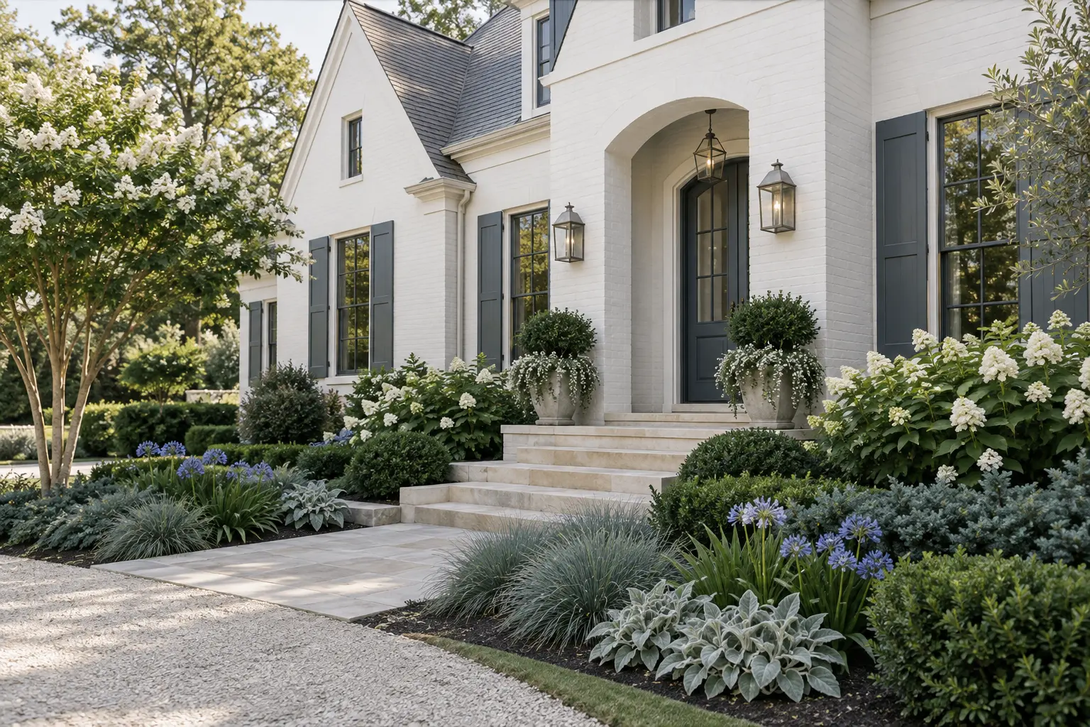 Fresh Pure White home with smoky blue accents and a tailored blue-green garden