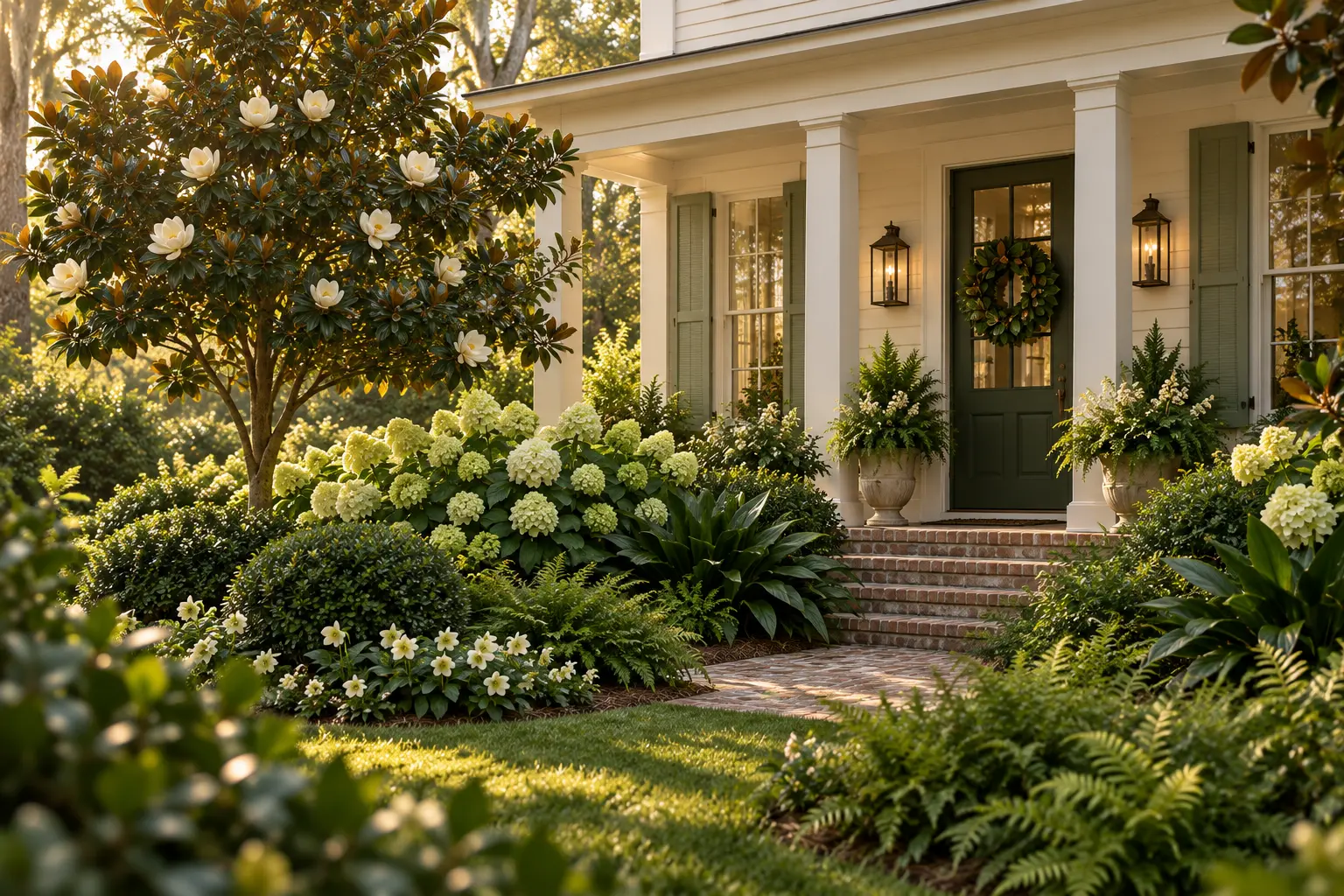 Classic cream Southern porch with sage shutters and moss-green door surrounded by Little Gem magnolia, cream hydrangea, yaupon holly, ferns, cast iron plant, and ivory hellebores.
