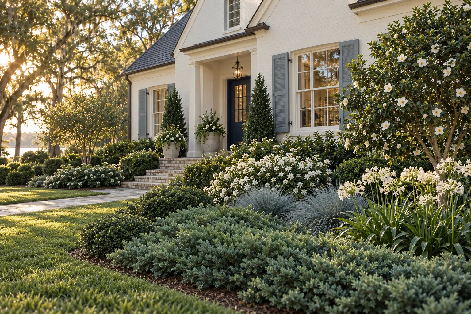 Refined white Southern home with navy door and blue-gray shutters surrounded by white camellia, azalea, blue-green groundcover, agapanthus, sedge, and evergreen holly.