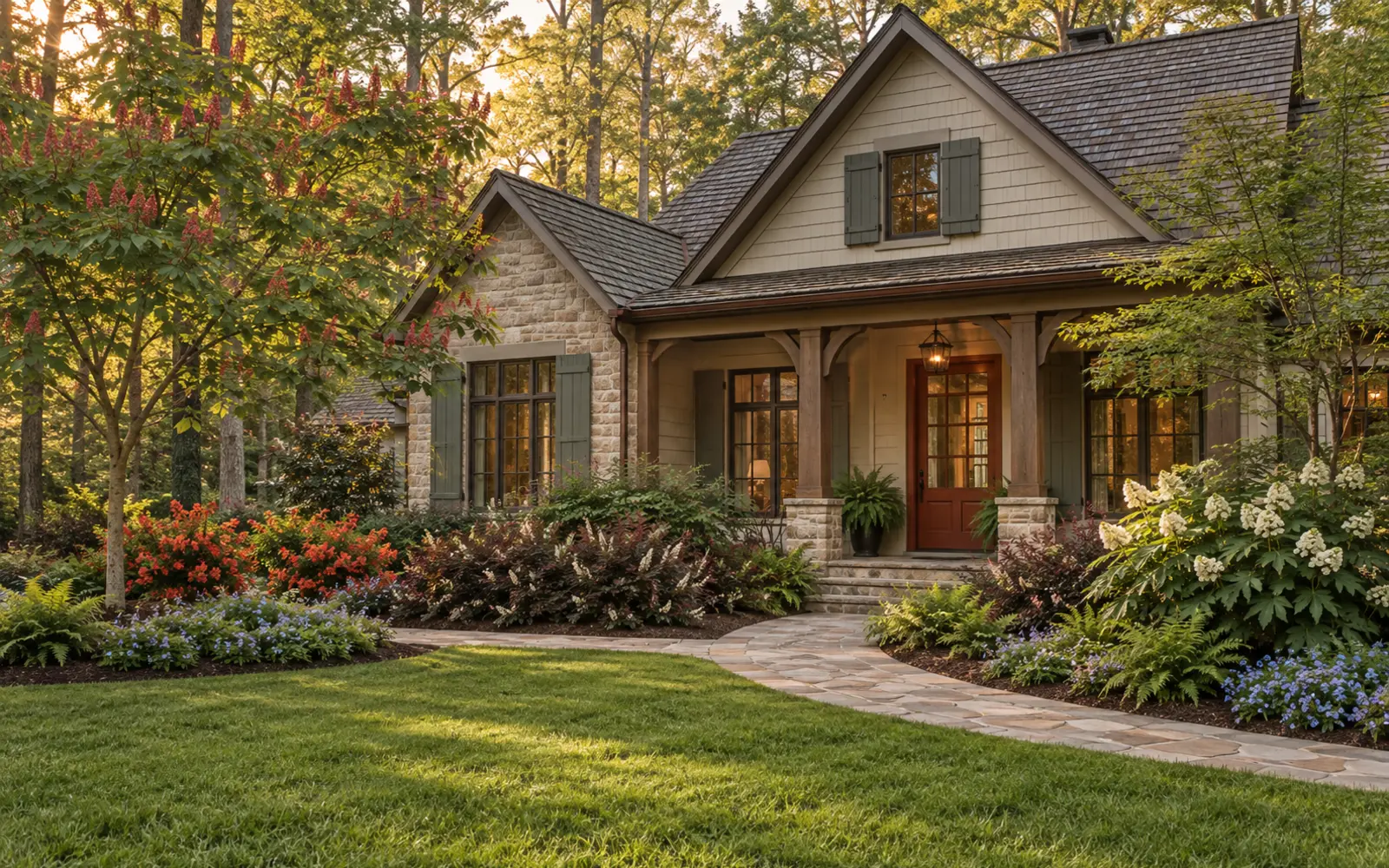 Woodland Southern cottage with muted redwood door and gray-green shutters surrounded by red buckeye, flame azalea, sweetspire, oakleaf hydrangea, ferns and blue phlox.