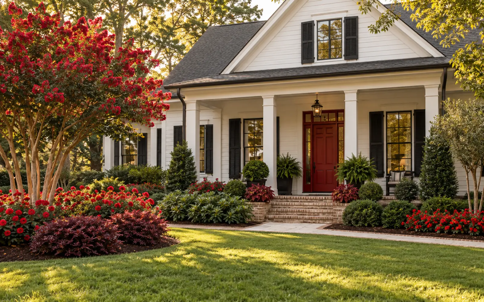 Crisp white Southern home with scarlet door and ink-black shutters surrounded by red crape myrtle, red roses, burgundy loropetalum and tailored evergreen shrubs.