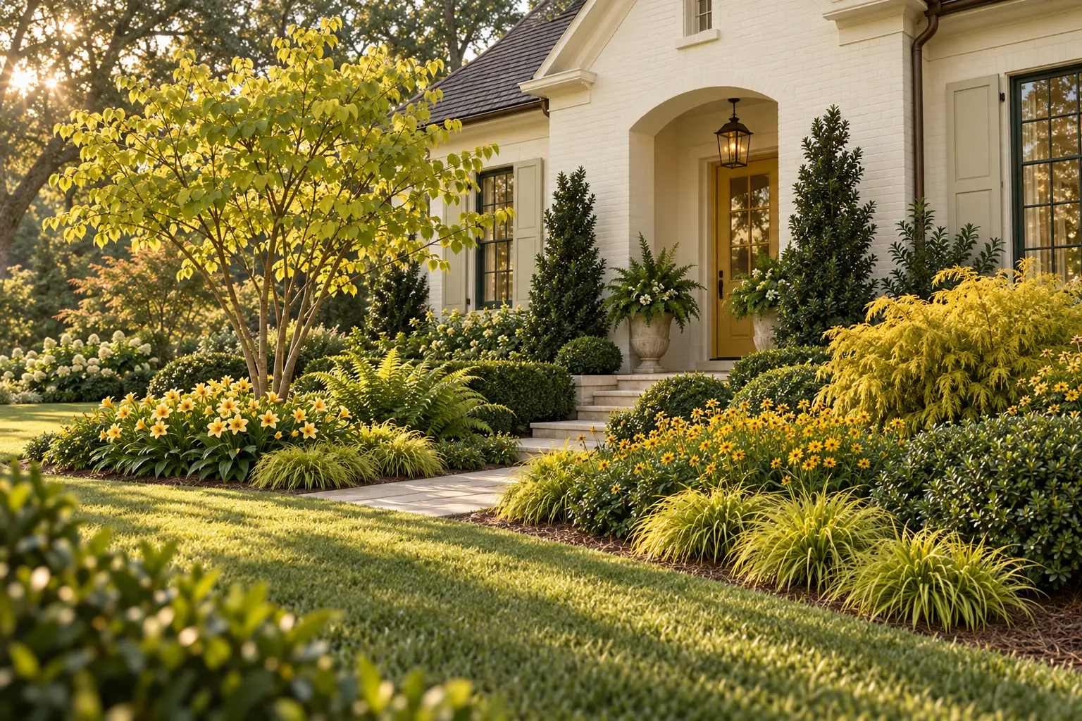 Dover White cream home with muted gold door and green details surrounded by Rising Sun redbud, Gold Mop cypress, yellow daylilies, coreopsis, golden sedge, autumn fern, and dwarf yaupon holly.