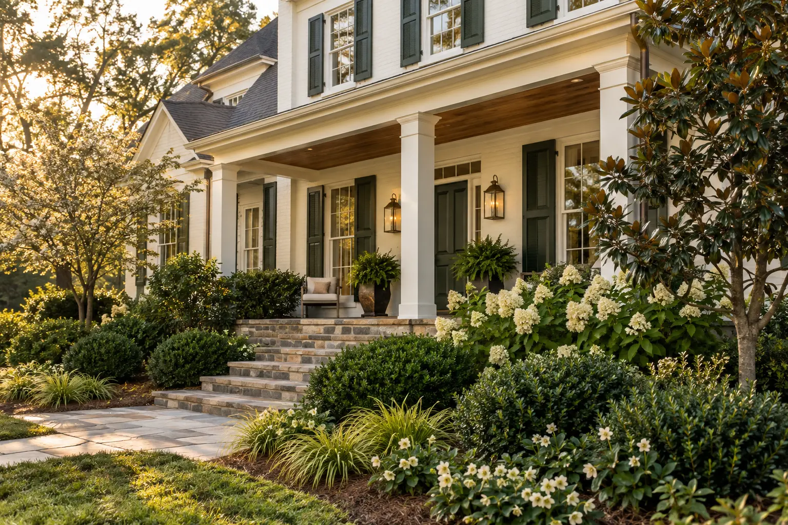 Warm Swiss Coffee farmhouse with deep green shutters, wood ceiling, stone steps, and lush Southern planting