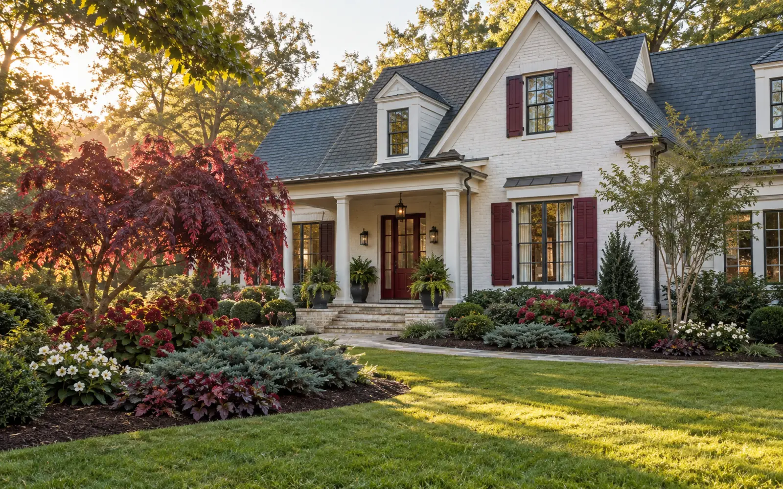 Misty-white Southern home with cranberry shutters and door framed by burgundy redbud, rose-toned oakleaf hydrangea, blue-green juniper and white hellebores.