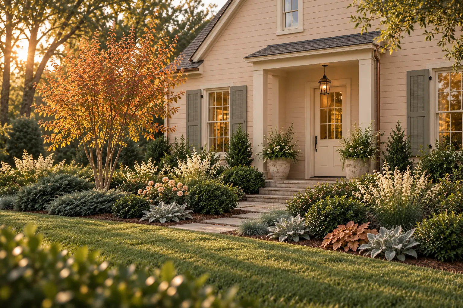 Muted peach cottage with cool stone-gray trim and a restrained silver-blue garden