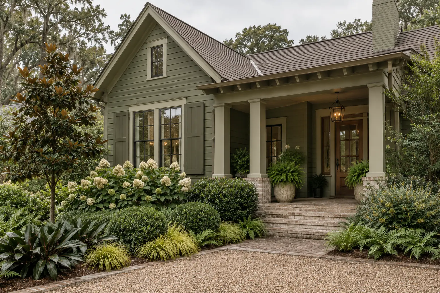 Layered olive-green Southern cottage with cream details and a tonal woodland garden